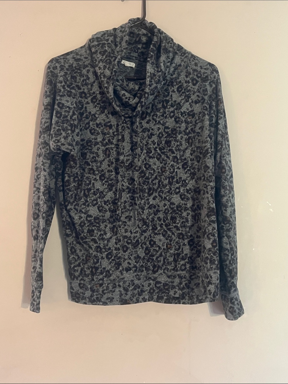 Maurices Gray and Black Leopard Print Cowl Neck Sweatshirt